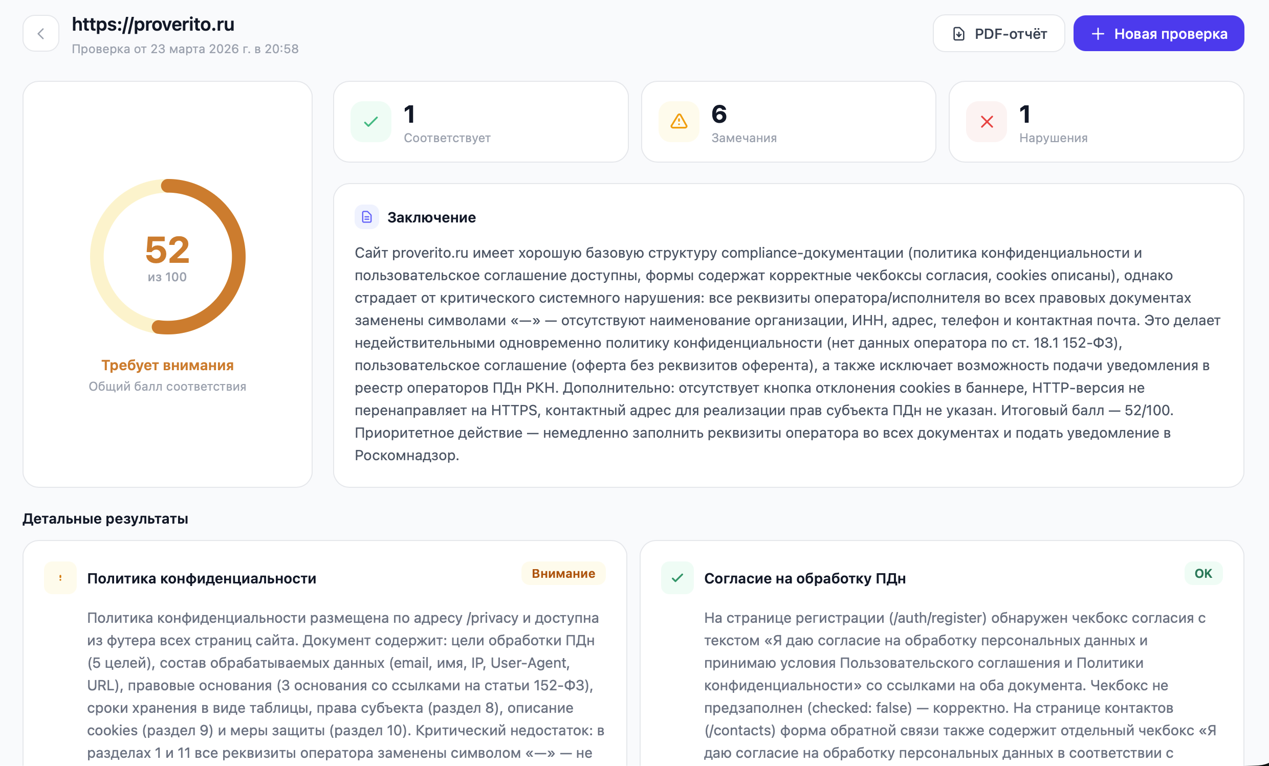 Фрагмент PDF-отчёта Проверито — оценки по критериям, найденные нарушения, рекомендации